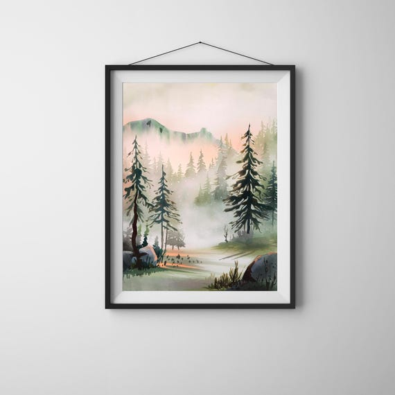 Forest Watercolor Wall Art Misty Pine Tree Landscape Print Nature Mountain Fog Decor Rustic Poster