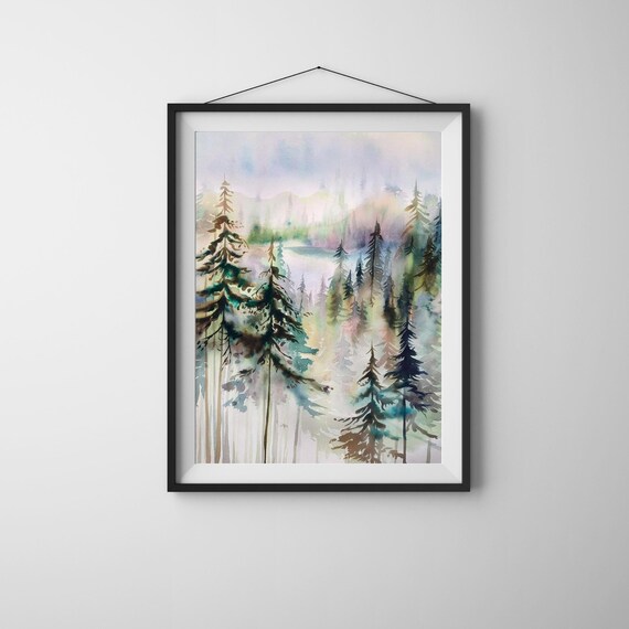 Misty Pine Forest Watercolor Poster Foggy Woodland Trees Scene