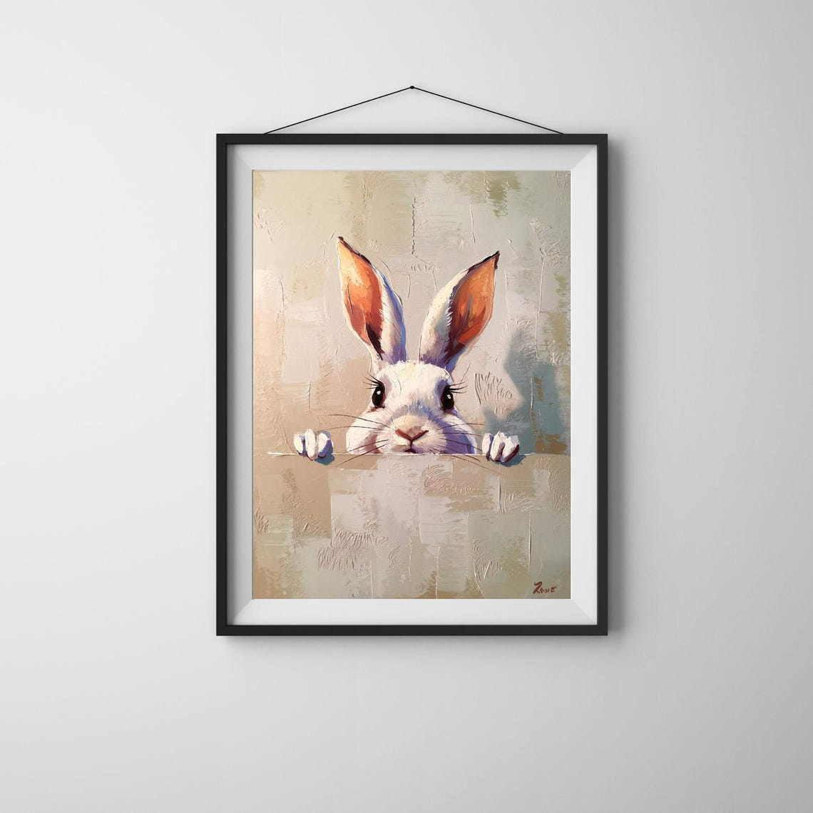 Peeking White Rabbit Painting Cute Bunny Nursery Kids Room Wall Art