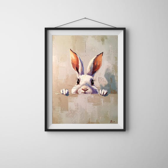 Cute Bunny Wall Art Nursery Rabbit Print Whimsical Animal Illustration Neutral Poster Kids Room Decor Baby Artwork