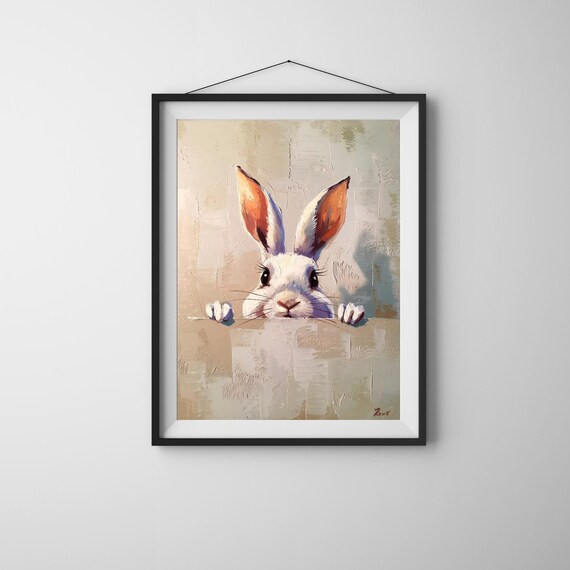 Peeking White Rabbit Painting Cute Bunny Nursery Kids Room Wall Art