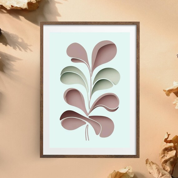 Paper Cut Leaf Poster Pastel Mauve Green Layered Botanical Wall Decor