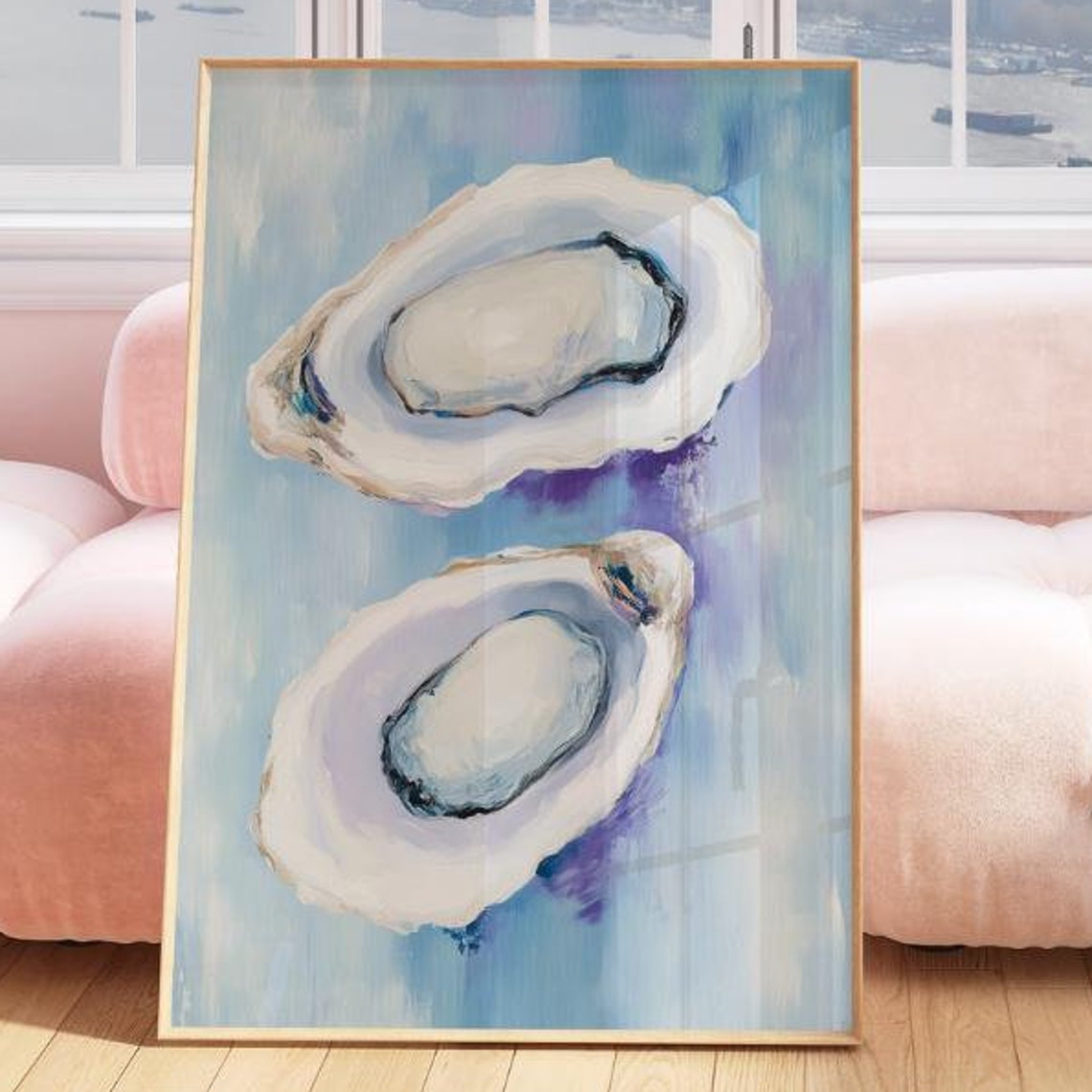 Oyster Shell Painting Two Oyster Shells Blue Coastal Art Poster