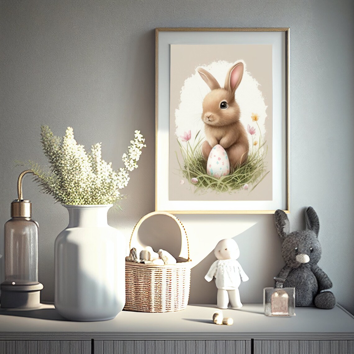 Watercolor Bunny Sitting With Easter Egg In Green Grass Art Poster - Image 2