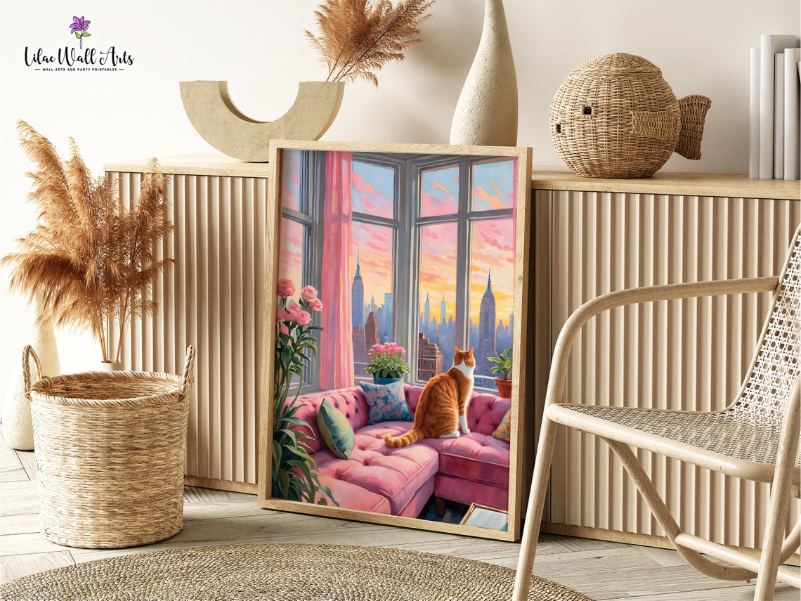 Orange Cat Pink Apartment Sunset Poster City Window Cat Art Decor - Image 3