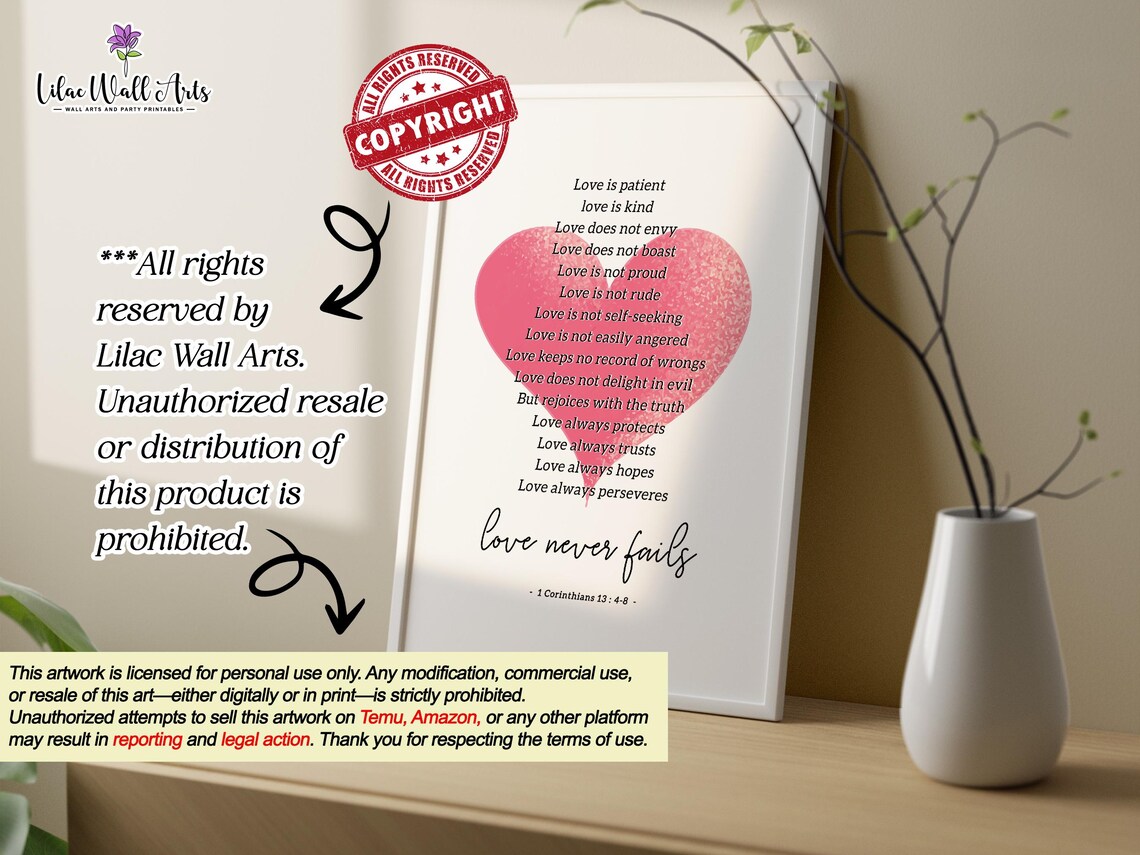1 Corinthians 1348 Love Never Fails Pink Heart Verse Art Poster - Image 3