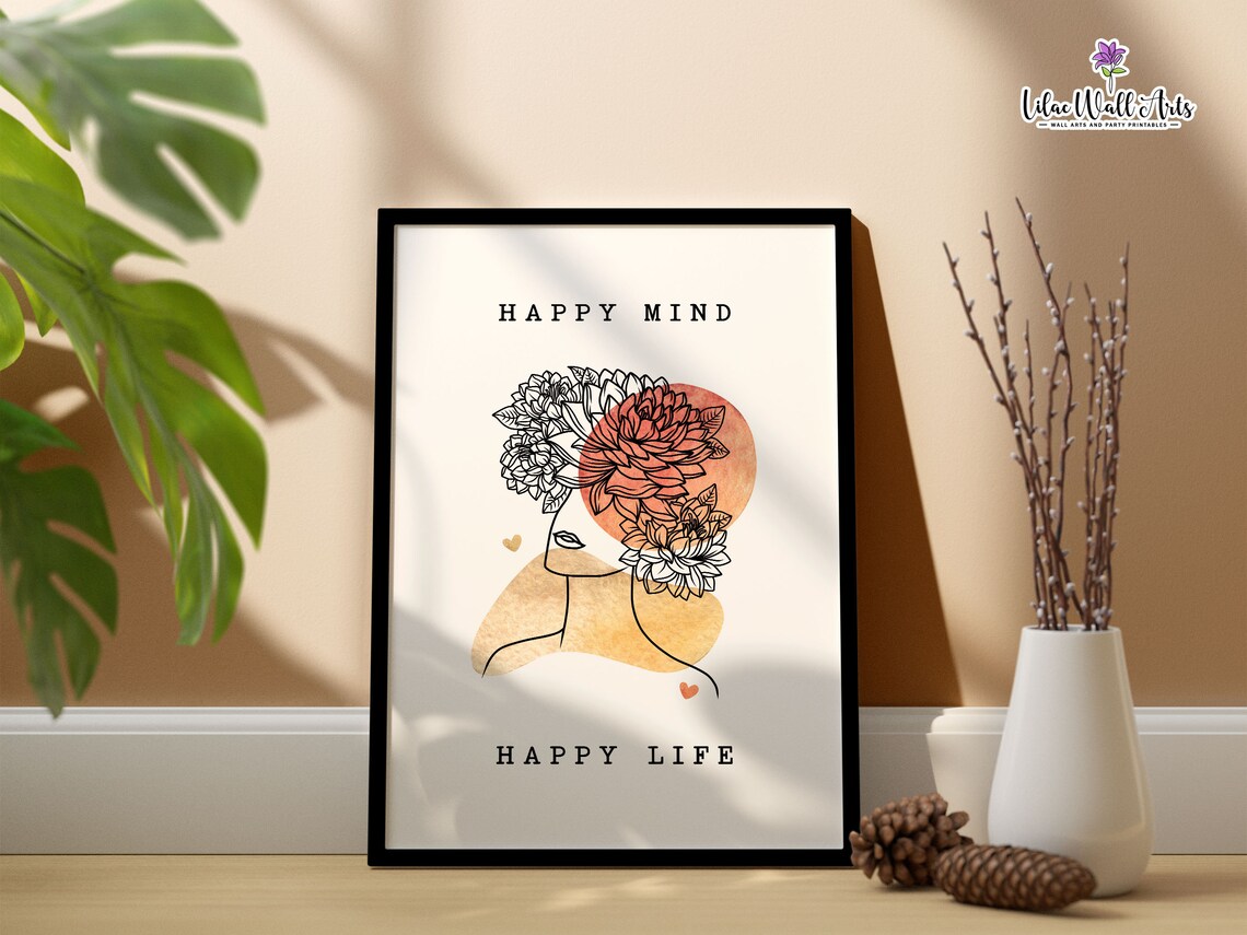 Happy Mind Happy Life Floral Woman Line Art Mental Health Poster - Image 5
