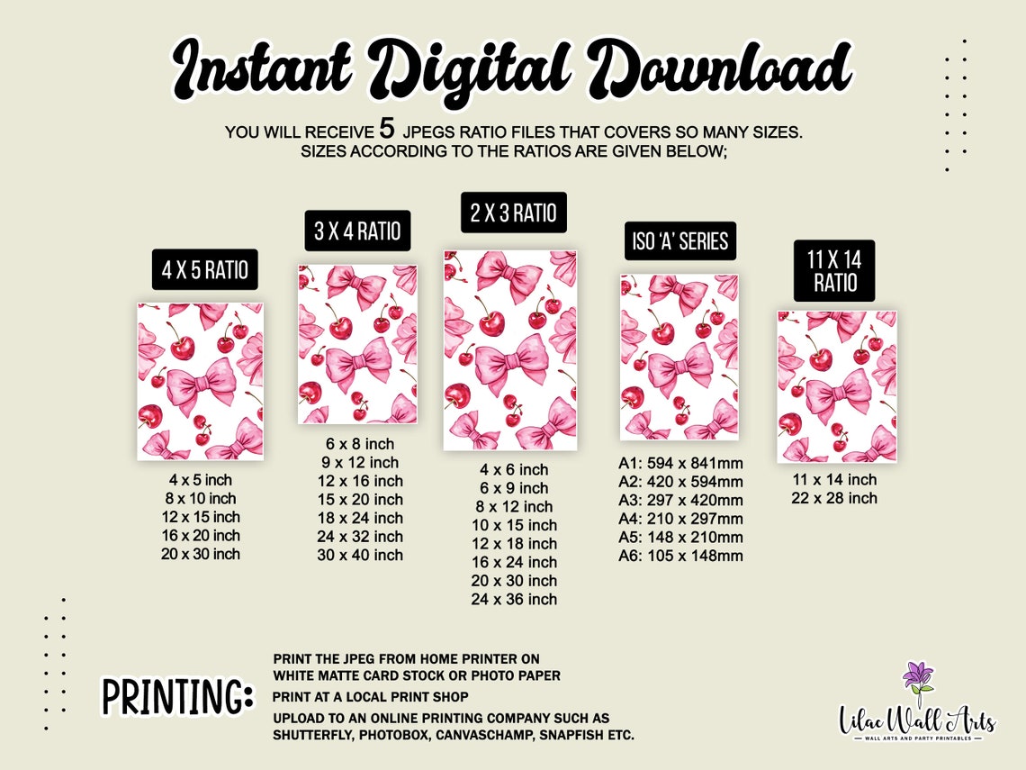 Pink Bow Cherry Pattern Watercolor Coquette Room Decor Poster - Image 2
