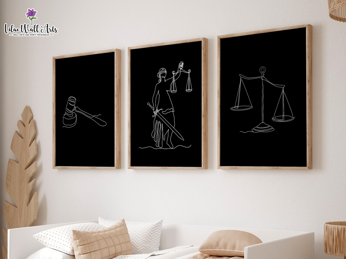 Set Of 3 Law Line Art Black Lady Justice Scales Gavel Poster - Image 3