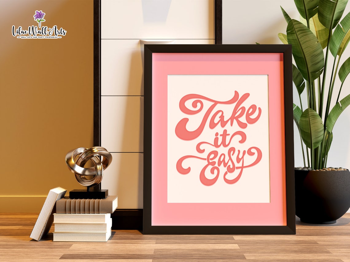 Take It Easy Retro Coral Script Inspirational Quote Wall Art - Image 5