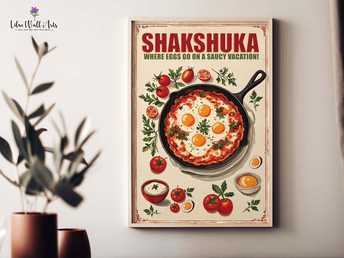 Shakshuka Retro Cafe Poster, Mediterranean Brunch Art