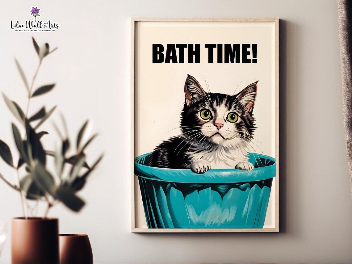 Bath Time Cat Funny Kitten In Bucket Bathroom Decor Humor Art Poster