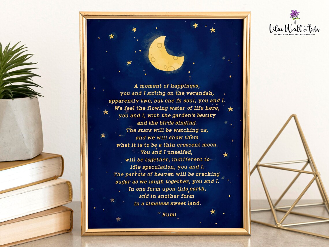Rumi A Moment of Happiness Poem Poster Moon Stars Night Sky Quote Art - Image 5