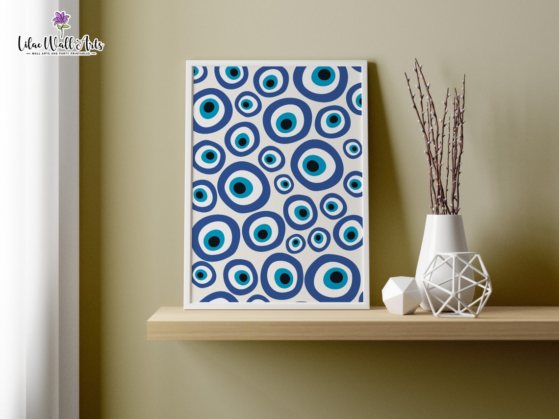 Evil Eye Pattern Repeating Blue Nazar Eyes Cream Background Poster - Image 3