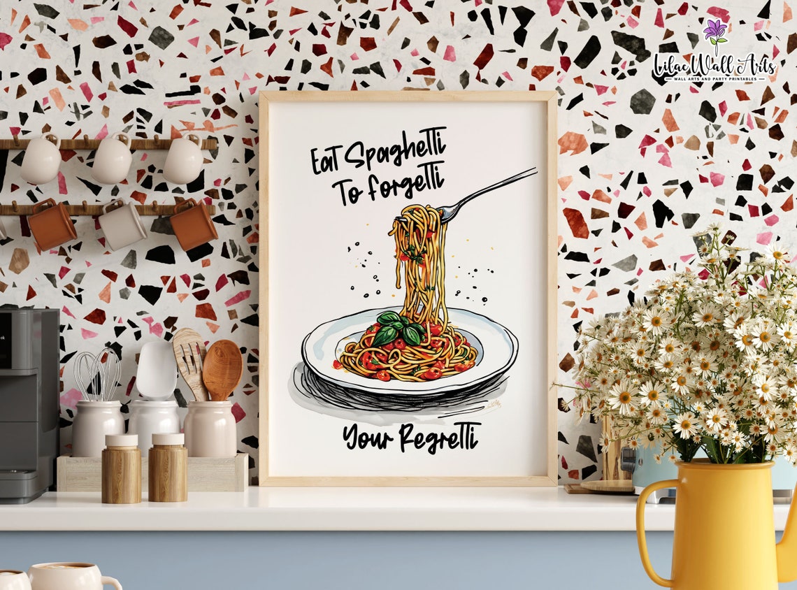 Eating Spaghetti To Forgetti My Regretti Pasta Print Pasta Night Foodie Wall Art Retro Food Poster Pasta Lover Print Italian Food Art - Image 4