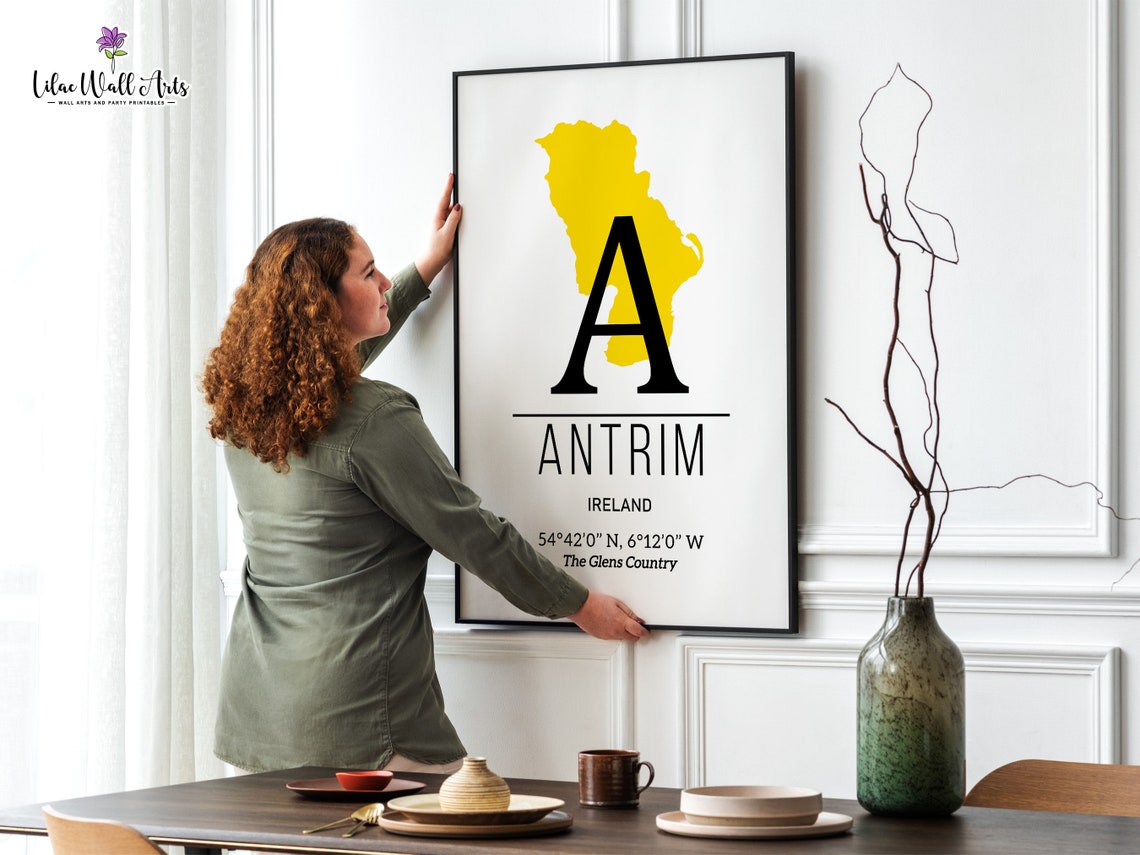 Antrim Ireland County Map Initial A Yellow Coordinate Art Print - Image 2