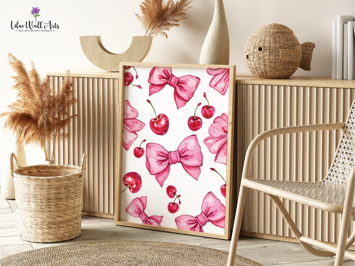 Pink Bow Cherry Pattern Watercolor Coquette Room Decor Poster - Image 3