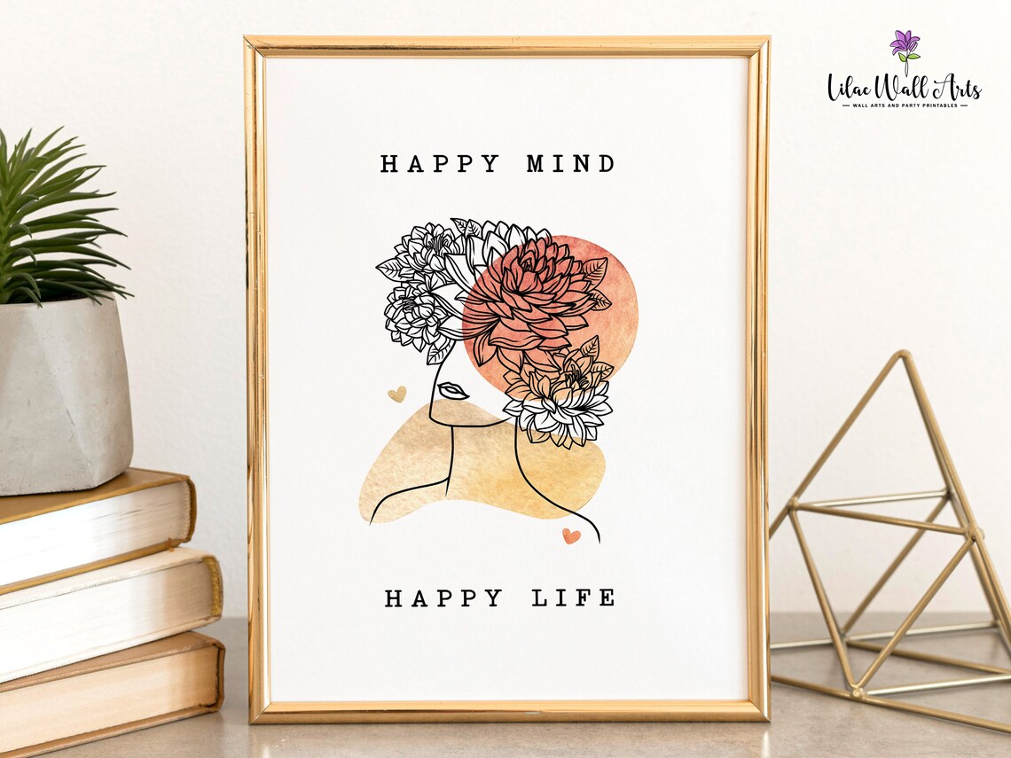Happy Mind Happy Life Floral Woman Line Art Mental Health Poster