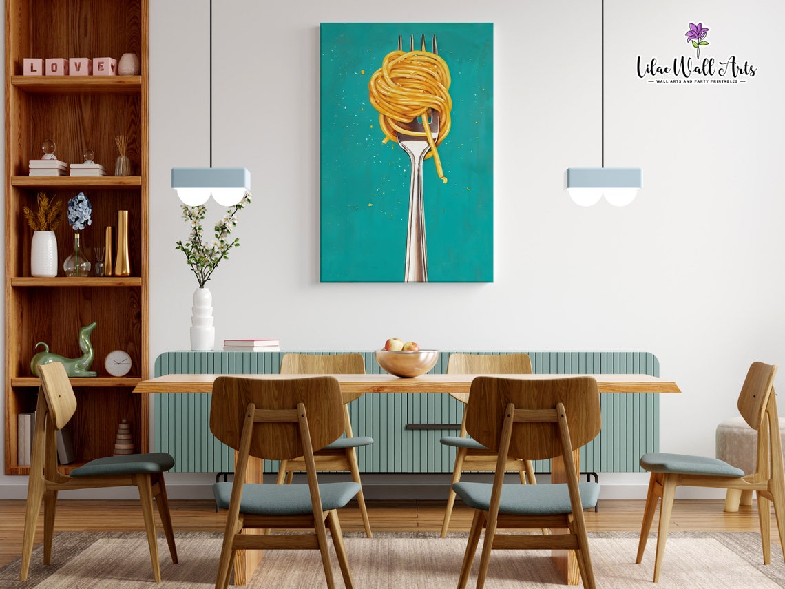 Spaghetti Fork Twirl Pop Art Teal Background Kitchen Food Poster - Image 6