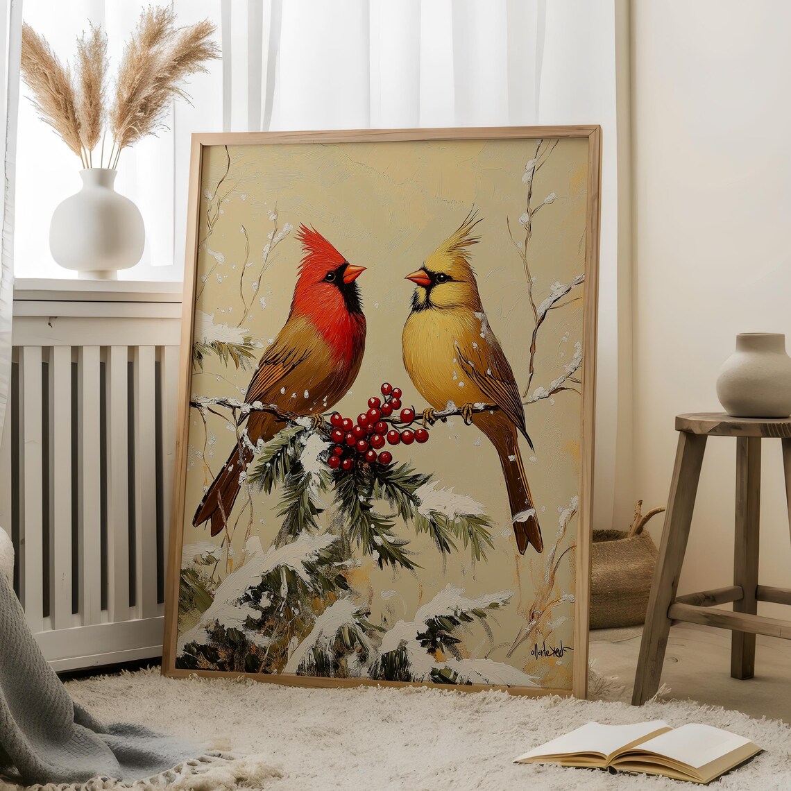 Vintage Red Cardinals Winter Snowy Berries Christmas Bird Art Print