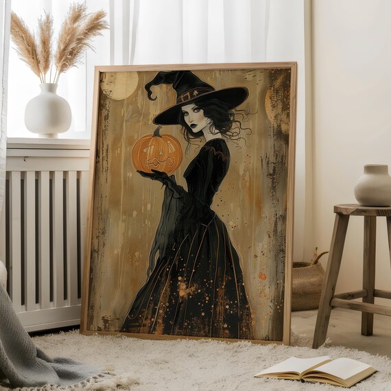 Whimsical Witch Portraitmystical Printblack Wall Artmystical Printpumpkin Arthorror Witchy