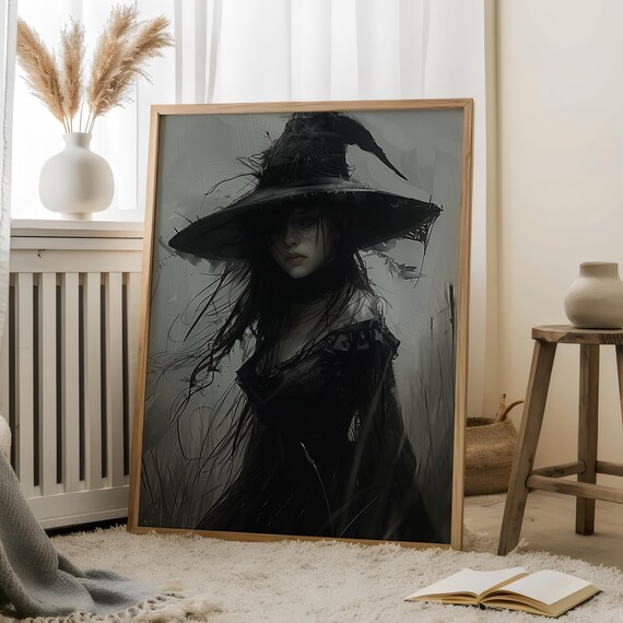 Oil Painting Witch Portraitmystical Witchwitch Silhouette Printdark Academia Witchrustic Tones Witchhaunted Witchmoon Artgothic Decor