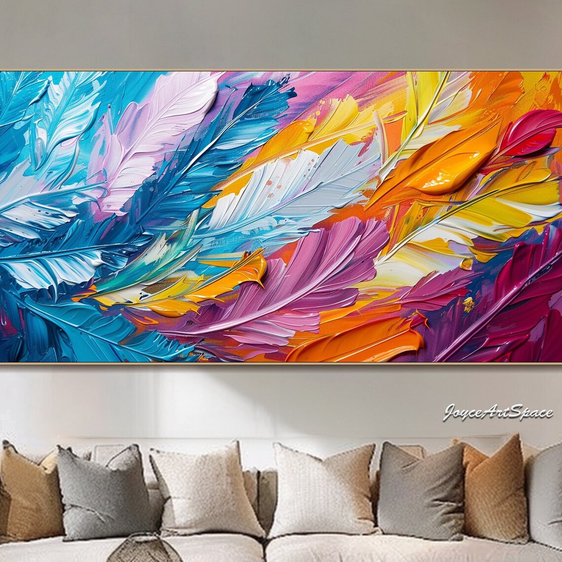 Colorful Feathers Teal Purple Orange 3D Impasto Abstract Wall Art