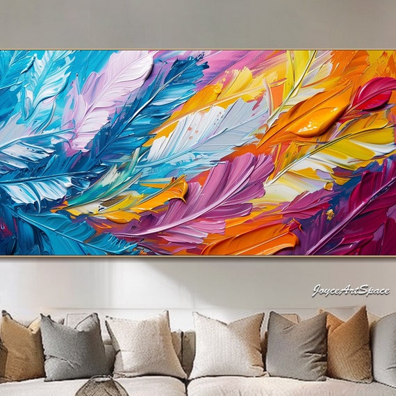 Living Room Wall Art Abstract Creamy Feathers Art On Original Minimalist Artwork Colorful Feather Painting On Custom Painting