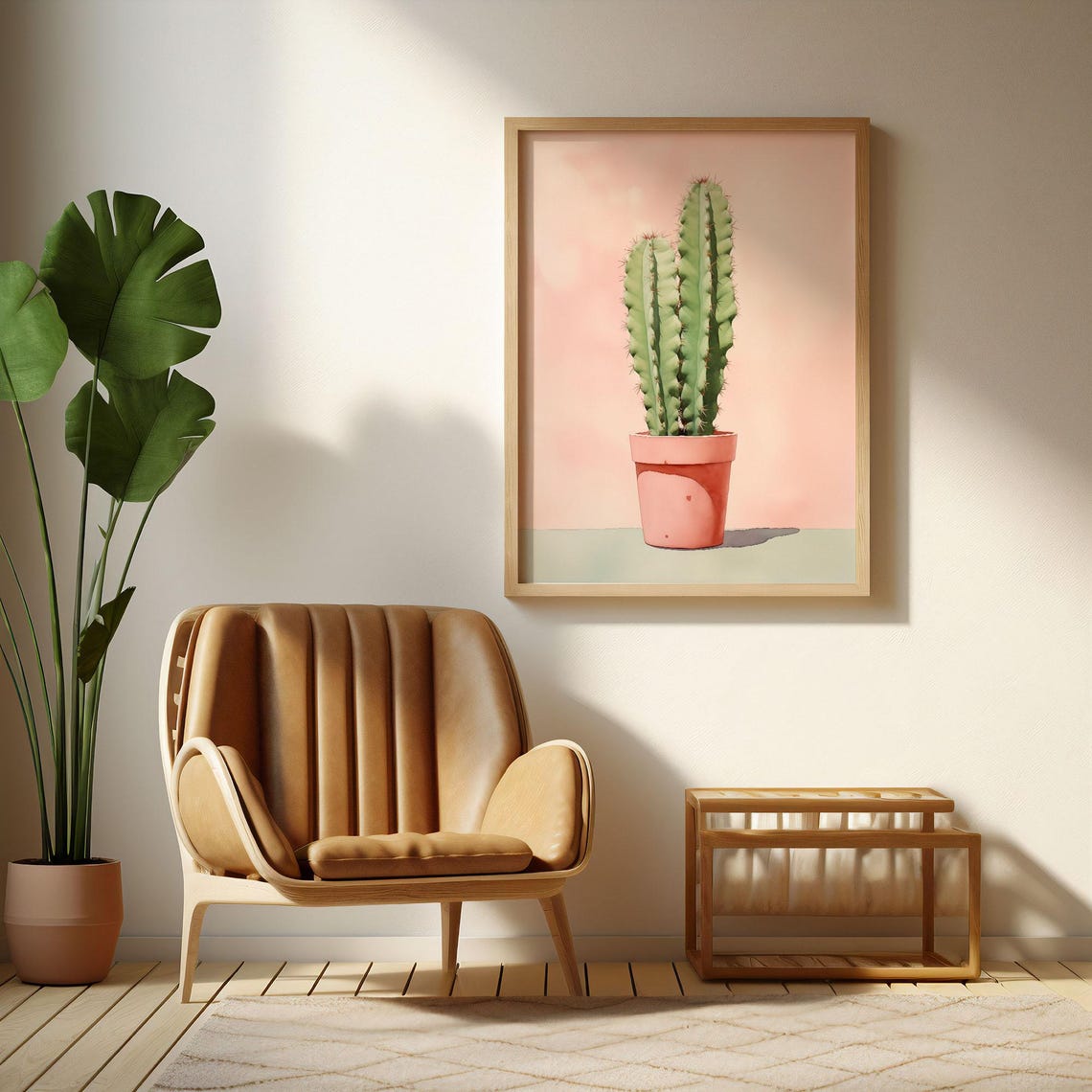Tall Green Columnar Cactus In Pink Pot Pastel Watercolor Poster