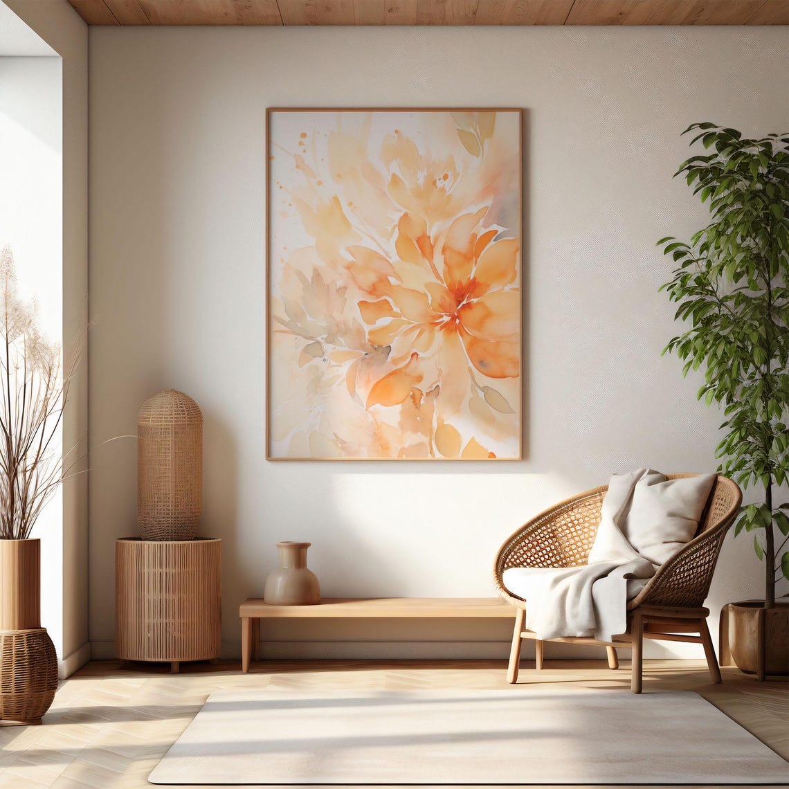 Warm Orange Watercolor Blossom Flowers Cream Floral Wall Art