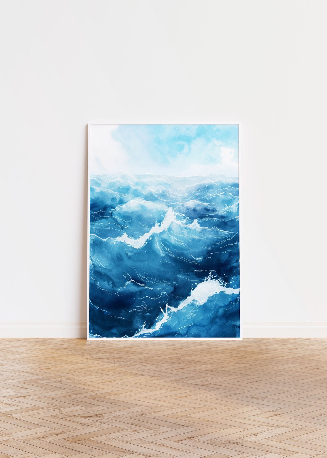 Deep Blue Ocean Waves Watercolor Abstract Sea Storm Swell Poster