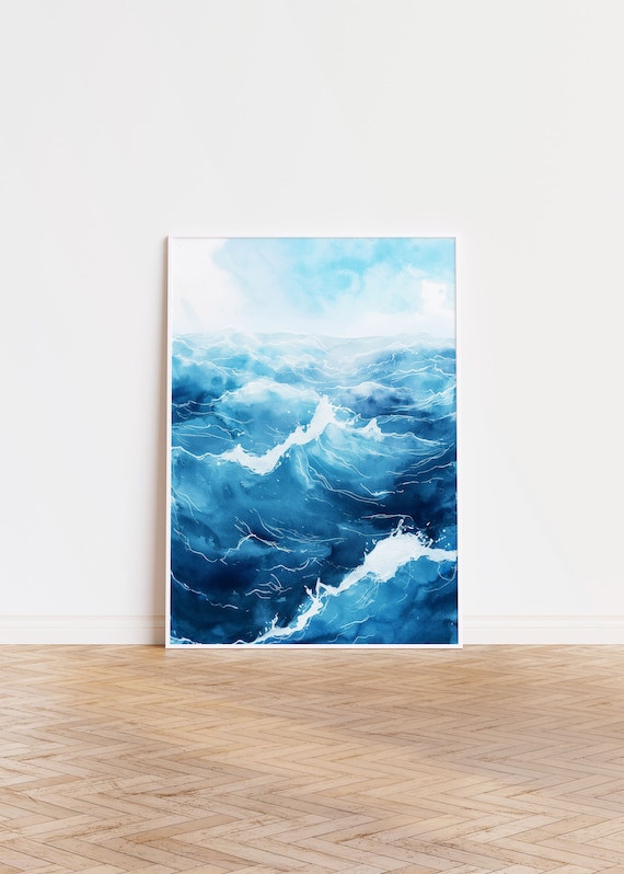 Deep Blue Ocean Waves Watercolor Abstract Sea Storm Swell Poster