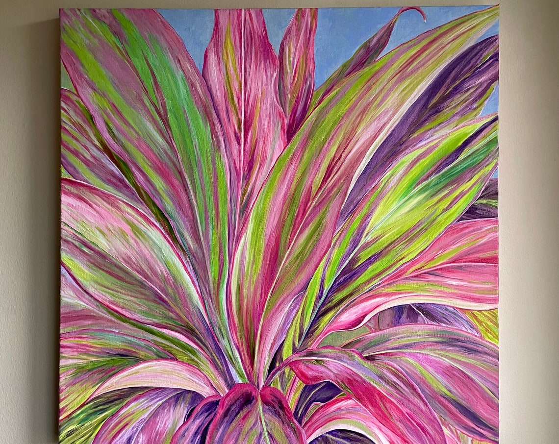 Tropical Plant Leaves Original Handmade Oil Painting On Florica Tropical Cordyline Ti Plant Hawaiian Botanical Painting One Of Kind