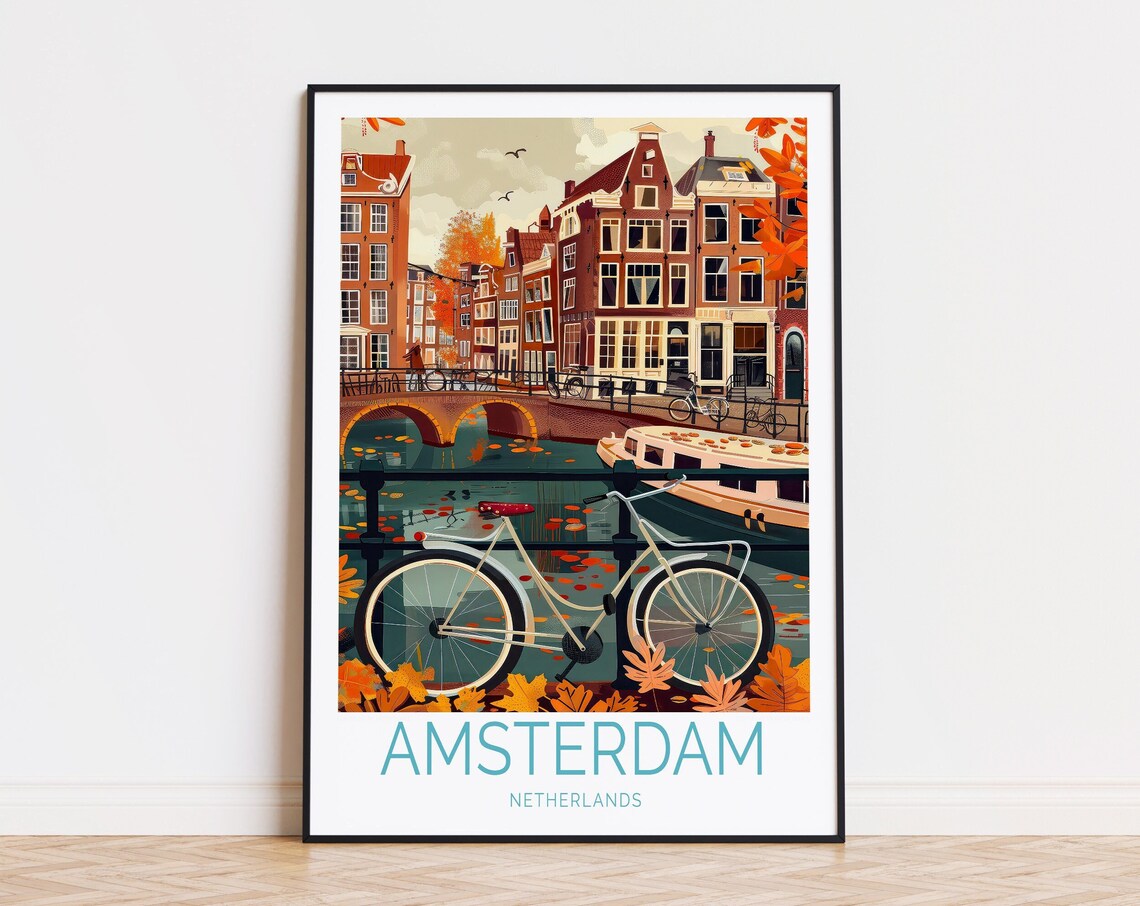 Amsterdam Netherlands Canal Bike Autumn Vintage Travel Poster