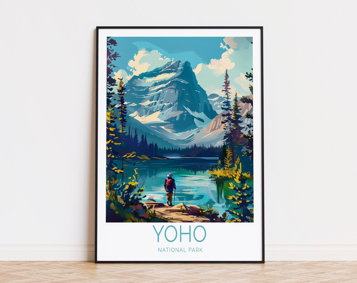 Yoho National Park Canada Alpine Lake Hiker Mountain Travel Poster