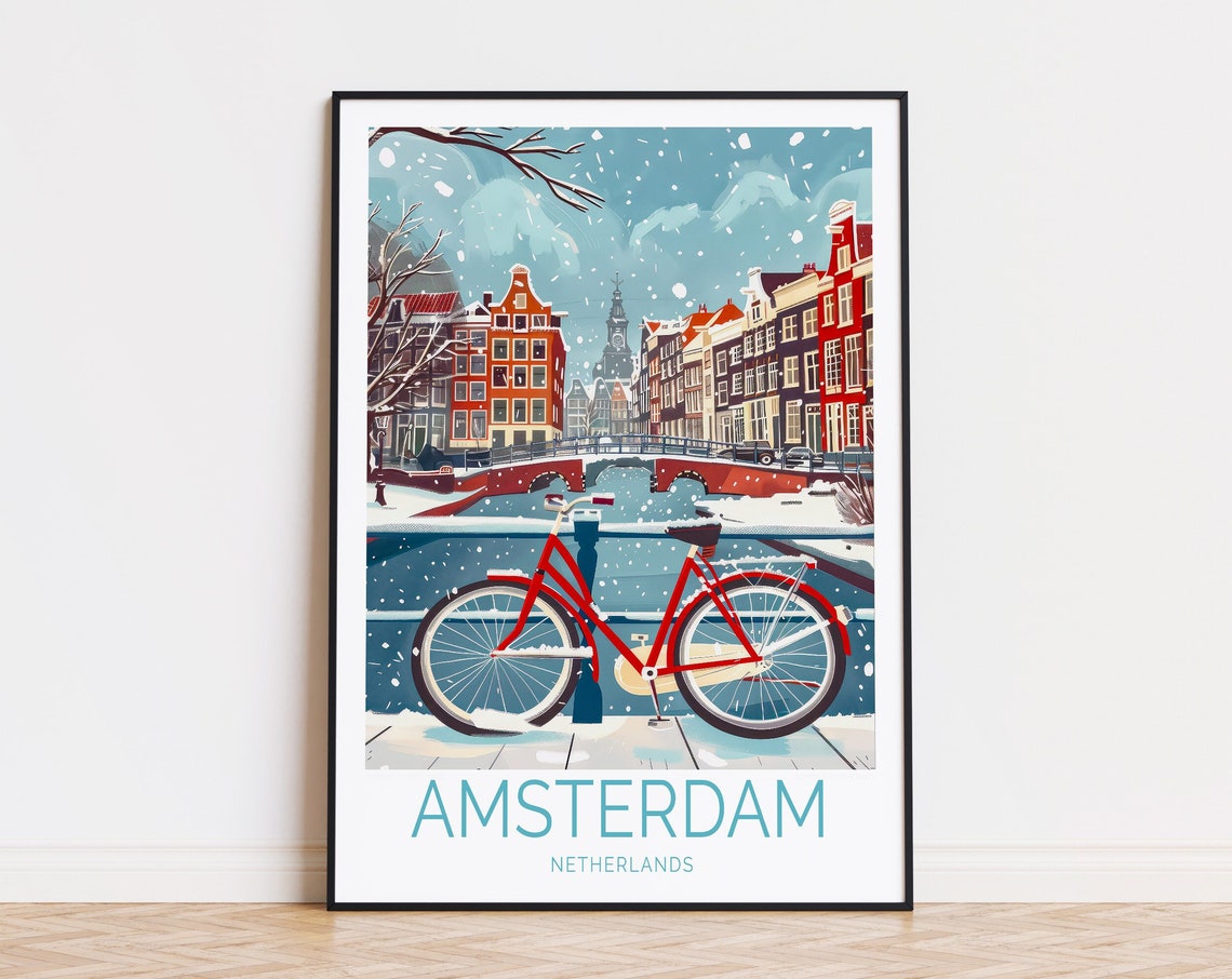 Amsterdam Netherlands Red Bicycle in Falling Snow by the Canal Poster
