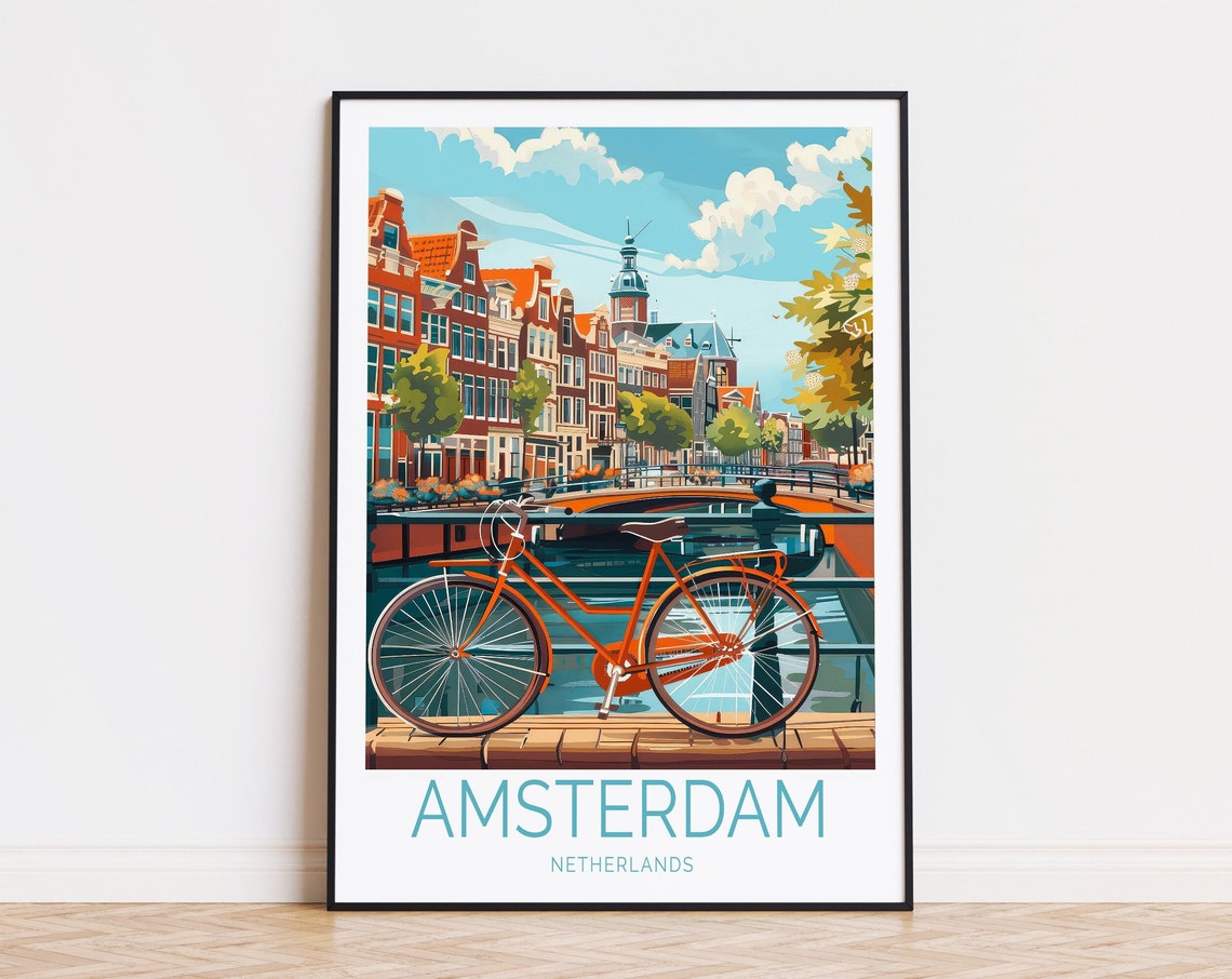 Amsterdam Netherlands Canal Bridge With Classic Red Bicycle Poster