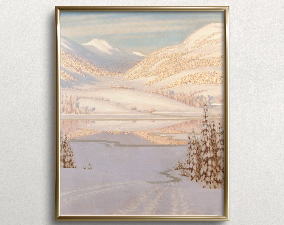 Winter Mountain Landscape Pastel Snowy Peaks Frozen Lake Art Print