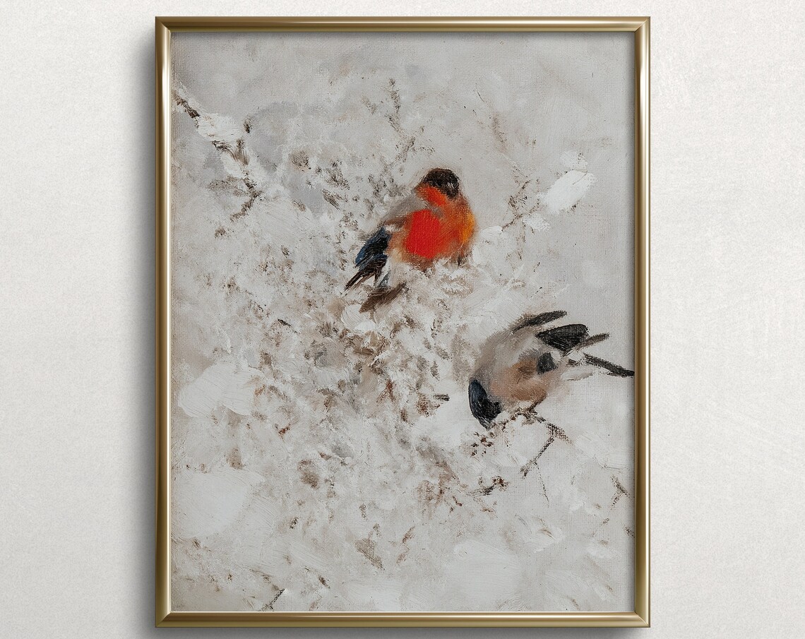 Winter Bullfinch Birds Snowy Branches Vintage Wildlife Art Poster
