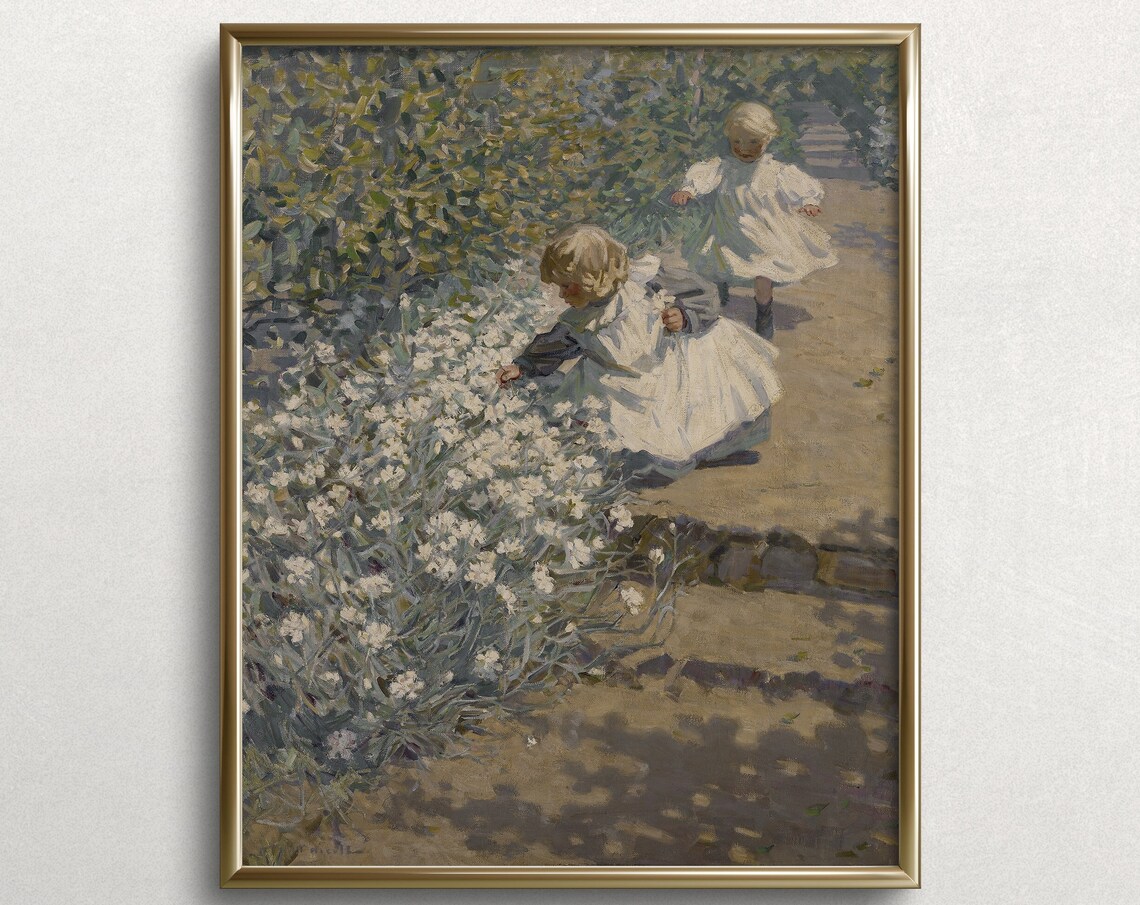 Children Picking White Flowers Sunny Garden Vintage Art Print
