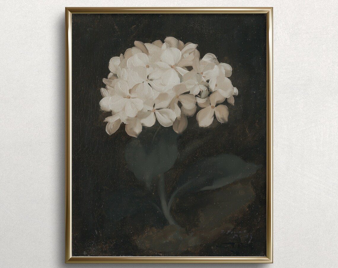 White Hydrangeas, Dark Academia Flower Art Print