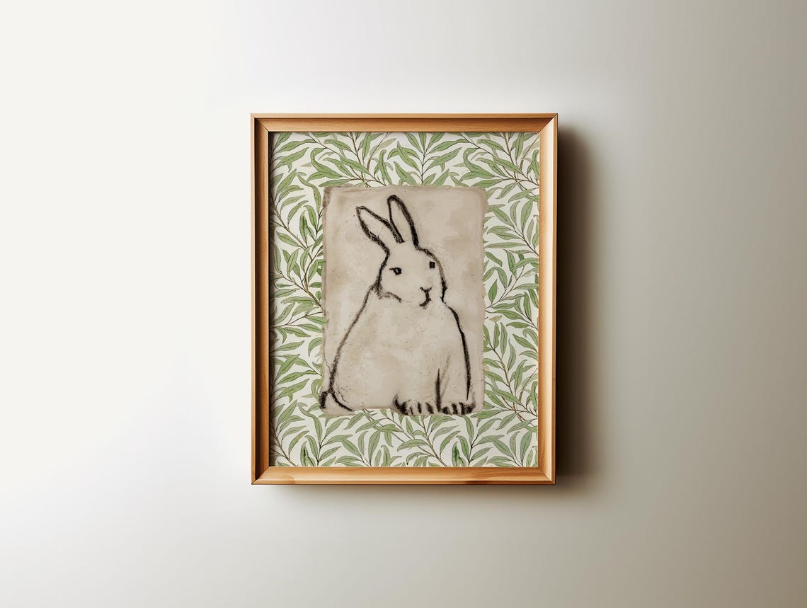 Bunny Sketch Green Botanical Leaf Border Spring Easter Nursery Print