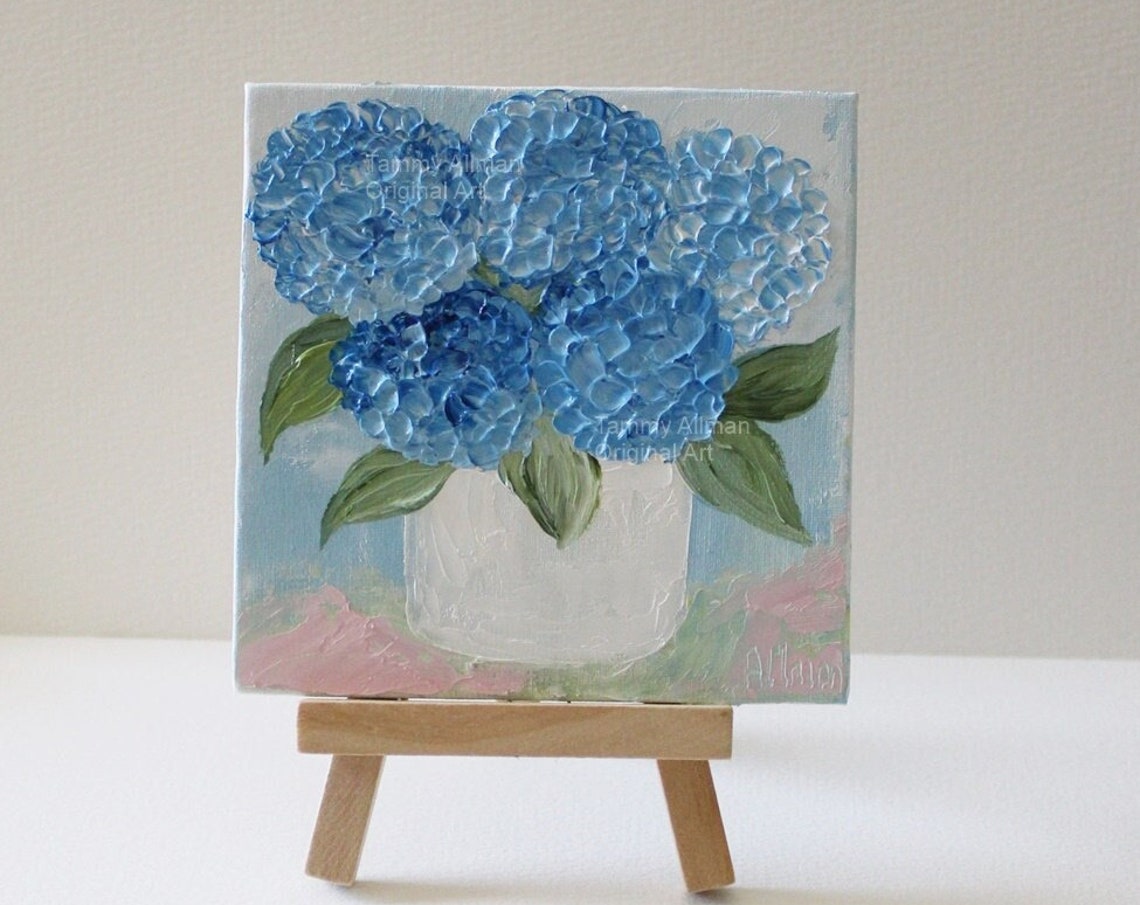Blue Hydrangea Bouquet in White Pot Impasto Floral Art Poster