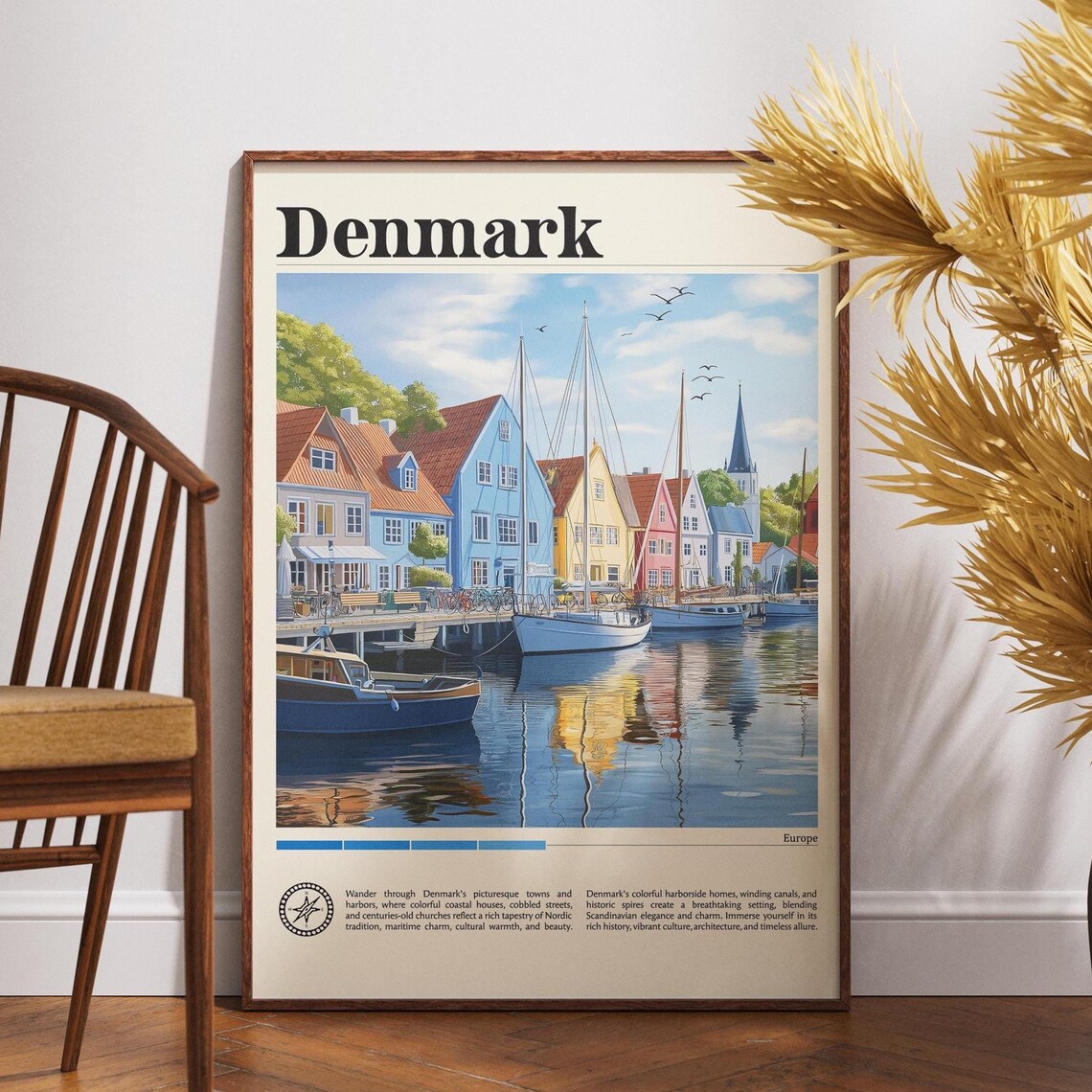Denmark Europe Colorful Harbor Sailboats Coastal Town Travel Poster