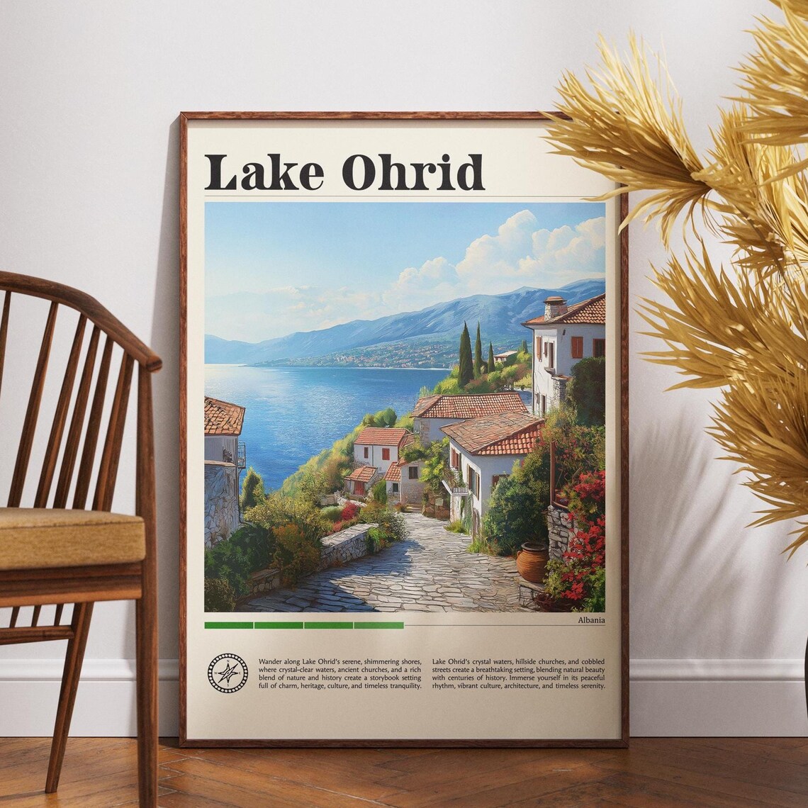 Lake Ohrid Albania Lakeside Village Editorial Style Travel Poster