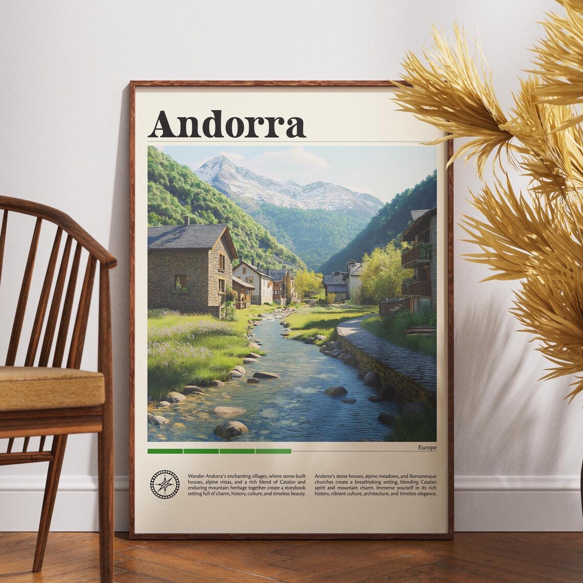 Andorra Alpine Village Poster with Mountain River and Stone Houses Art