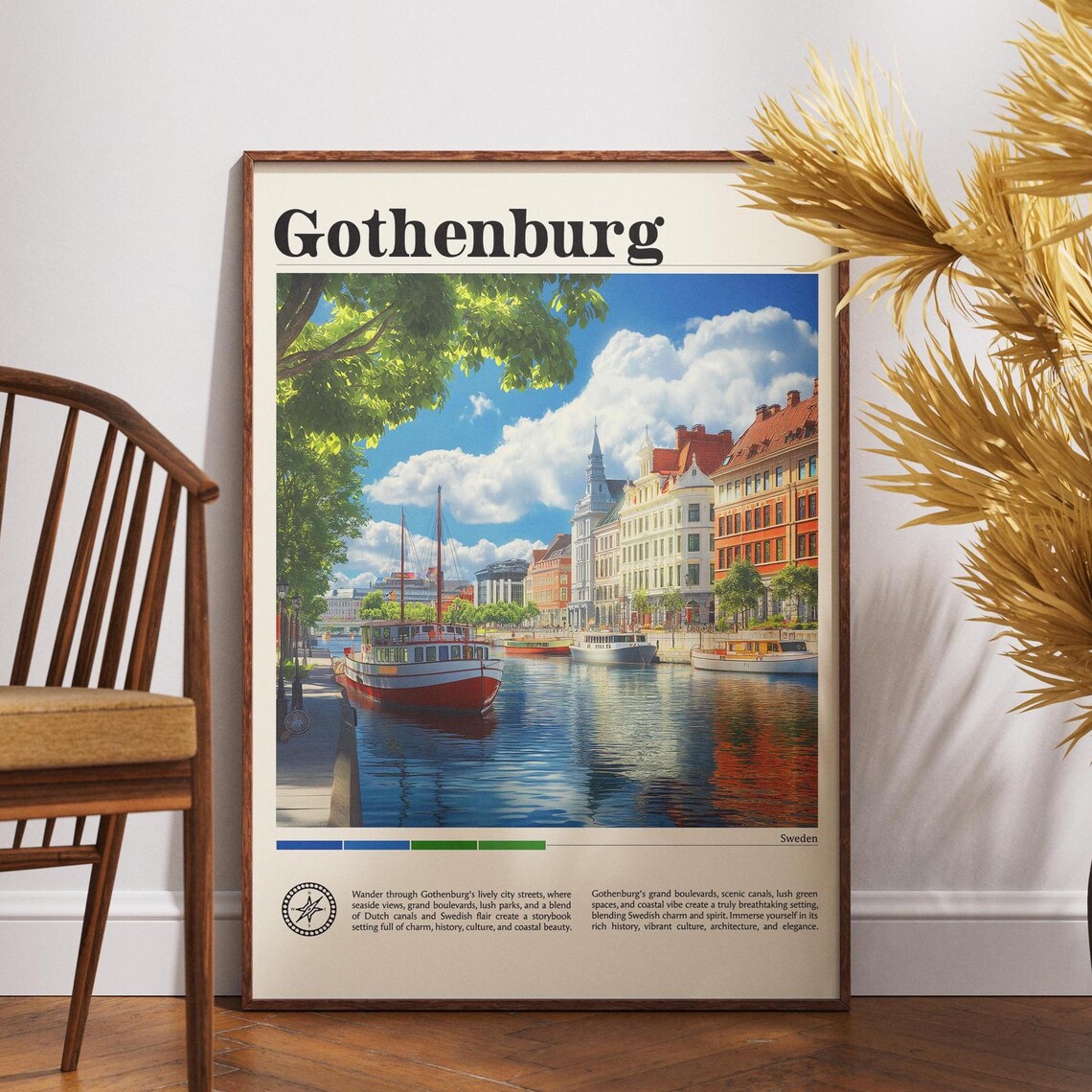 Gothenburg Sweden Travel Poster Canal Harbor Boats Historic City Scene