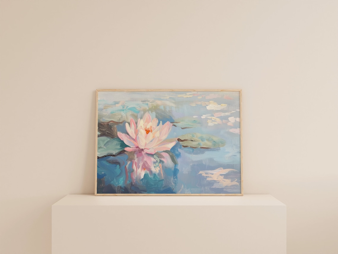 Water Lily Painting, Pink and Blue Floral Art Print - Image 2