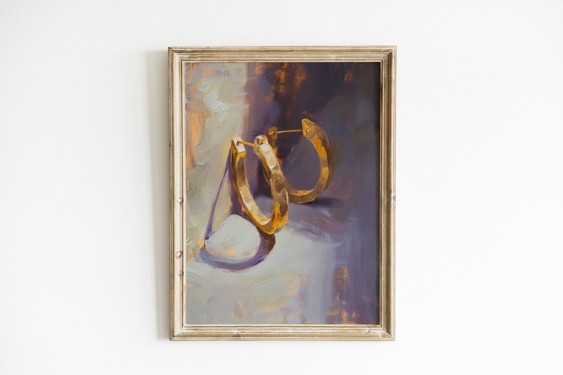 Vintage Bathroom Print, Gold Hoop Earring Art Print