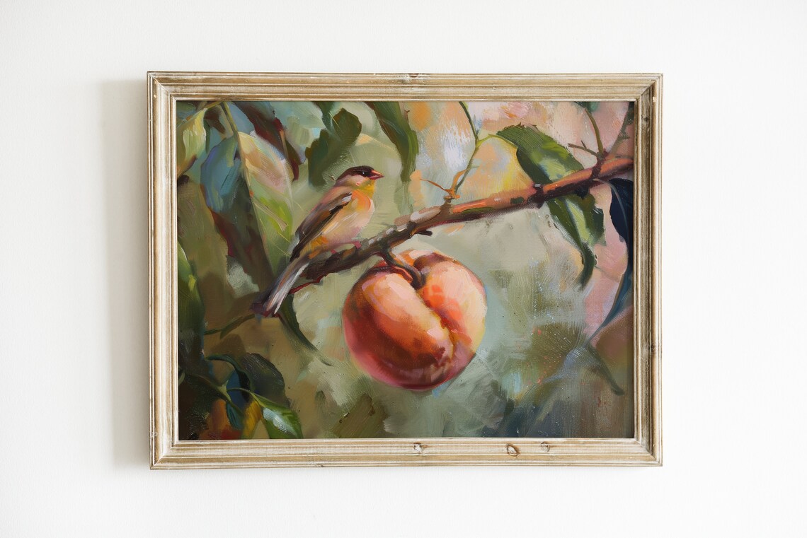 Vintage Kitchen Bird Painting, Rustic Botanical Art Print